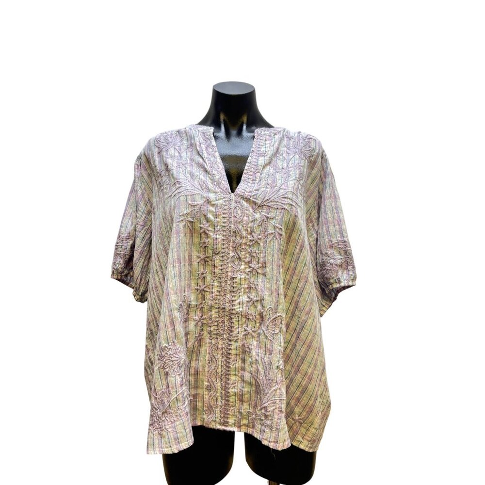 Johnny Was Purple Embroidered Striped Top Blouse L